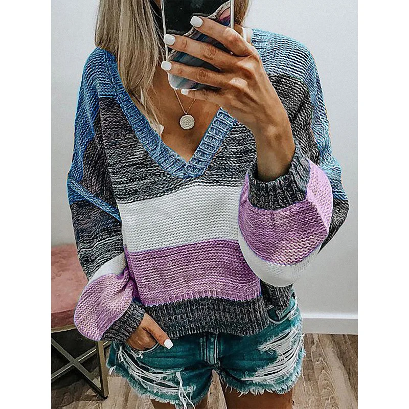 2021 knitted sweater women fall/winter casual V-neck inter-color stitching striped knitted sweater
2021 knitted sweater women fall/winter casual V-neck inter-color stitching striped knitted sweater