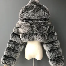 Furry Cropped Faux Fur Coats Jackets Women Fluffy Top Coat Hooded Winter Fur Jacket YINGJIAMEI