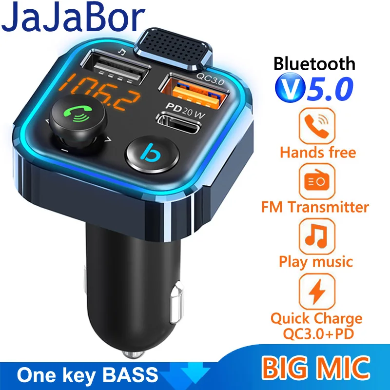 

Автомобильный fm-передатчик JaJaBor с одним ключом, басовый Тип C PD 20 Вт QC3.0, быстрая зарядка, двойное зарядное устройство USB, громкая связь, Bluetooth 5,0, автомобильный комплект