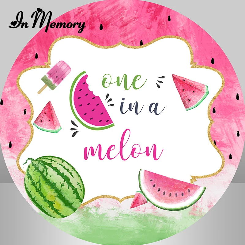 

Pink Green Watermelon Round Backdrop Cover One In A Melon Girls Newborn Baby Shower 1st Birthday Party Photography Background