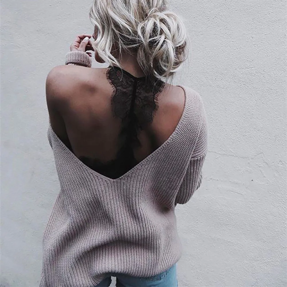 Backless Off Shoulder Sweater Women Sexy Deep V Neck Loose Solid Color Knitted Pullover Ladies Sweater Oversize Pull FemmeBlouse
Backless Off Shoulder Sweater Women Sexy Deep V Neck Loose Solid Color Knitted Pullover Ladies Sweater Oversize Pull FemmeBlouse
