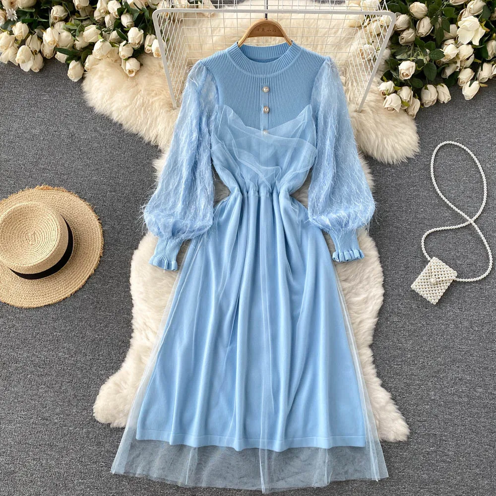 Design Splice Mesh Sweet Knitted Dress Women French Long Sleeve Elegant A-line Dress Fashion Streetwear Autumn Winter Dresses 
Design Splice Mesh Sweet Knitted Dress Women French Long Sleeve Elegant A-line Dress Fashion Streetwear Autumn Winter Dresses