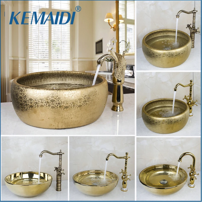 

KEMAIDI Bathroom Faucet Round Paint Golden Bowl Sinks / Vessel Basins Washbasin Ceramic Basin Sink & Faucet Tap Set
