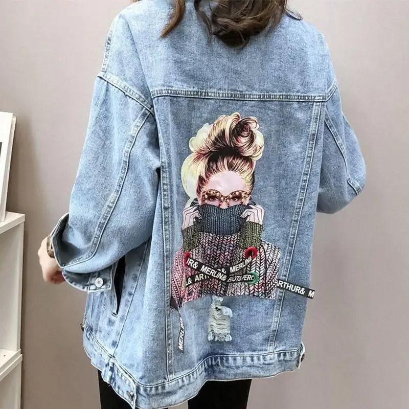 

2021 Fashion Korean Printed Women's Denim Jacket Ripped Jeans Spring Autumn Casual Loose Jaqueta Feminina Veste Jean Femme