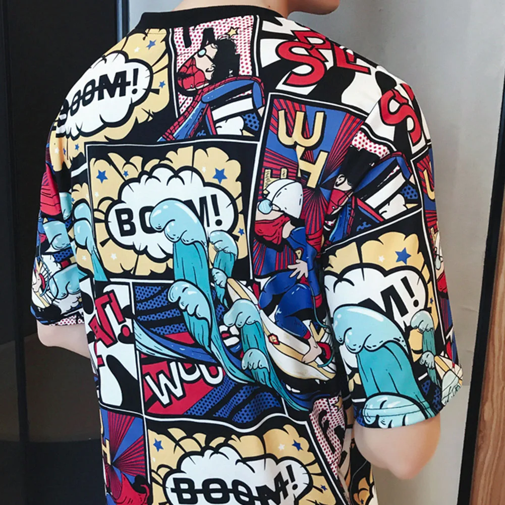Causal Daily Wear Cotton Blend T-Shirt Comic Print Charming Short Sleeve Boys Crew Neck Summer Top + Pants Set Men Gift Holiday
