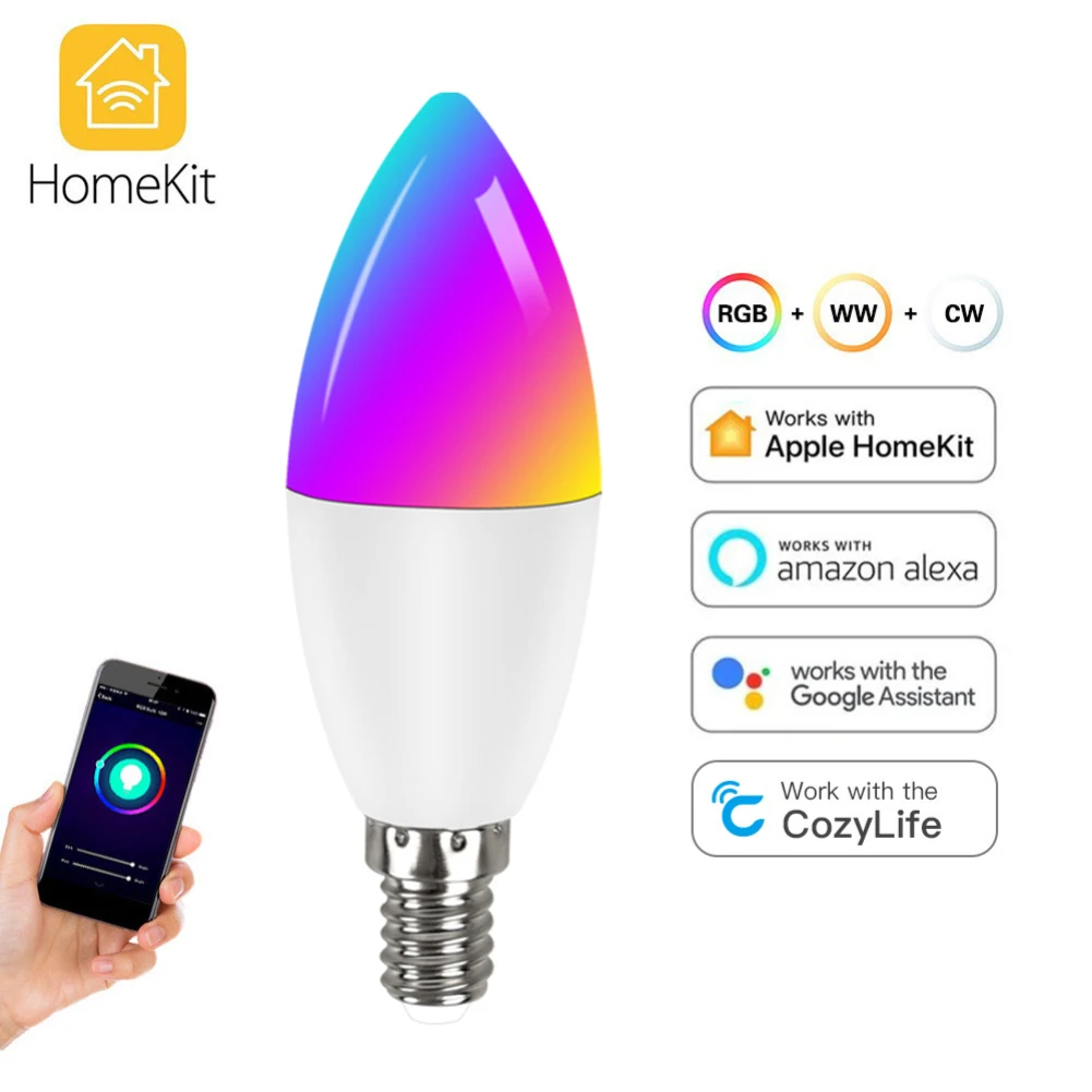 WiFi Smart LED Bulb 5W E14 Dimmable RGB CW LED Candle Light Bulb Lamp Work with Apple Homekit Siri Alexa Google Home Cozylife
WiFi Smart LED Bulb 5W E14 Dimmable RGB CW LED Candle Light Bulb Lamp Work with Apple Homekit Siri Alexa Google Home Cozylife
