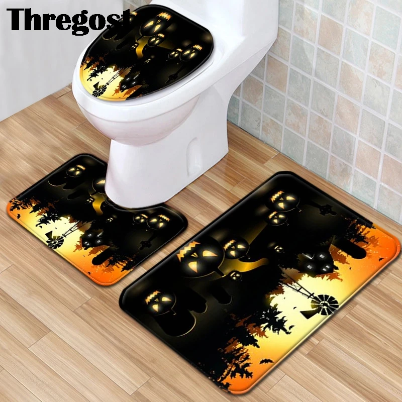 Thregost Bathroom Mats Set 3 Pcs Halloween Door Water Absorbent Rugs Shower Foot Holder Microfiber Non-Slip Toilet Rug | Дом и сад