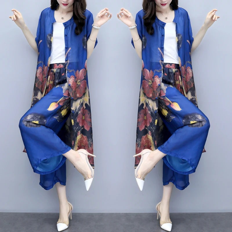 Floral Print Women Two Piece Outfits Summer Blue Wide Leg Pants Korean Style Cardigan Ensemble Femme 2 Piece Sets Womens Outfits 
Floral Print Women Two Piece Outfits Summer Blue Wide Leg Pants Korean Style Cardigan Ensemble Femme 2 Piece Sets Womens Outfits