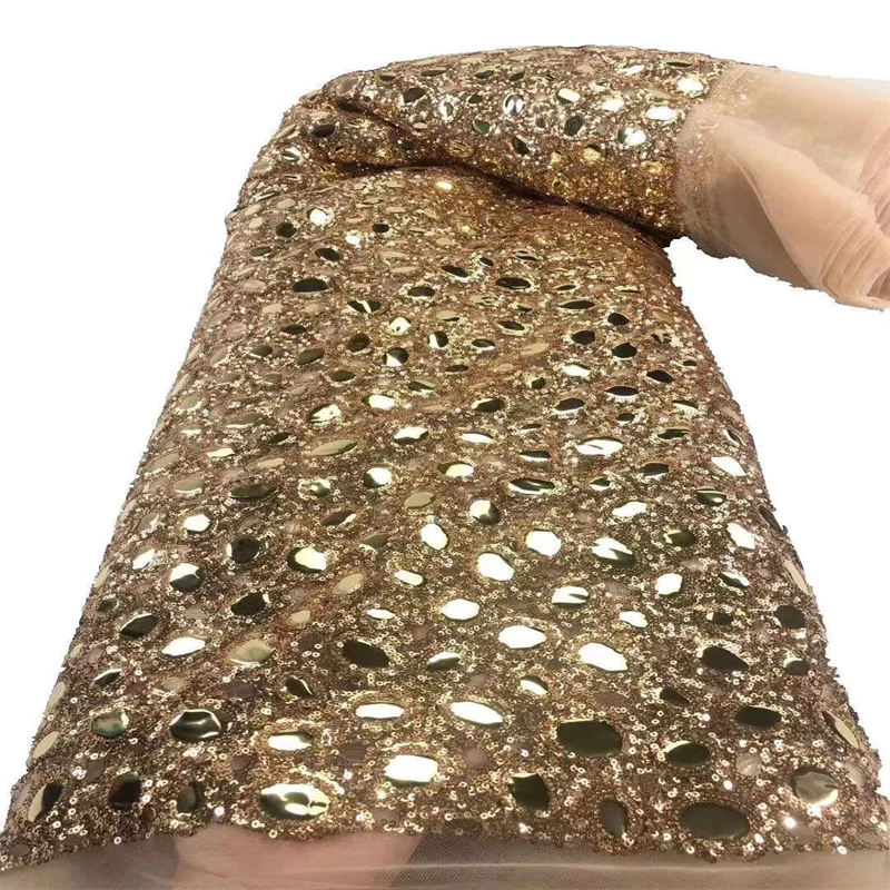 

Золотистая французская Тюлевая Кружевная Ткань 5 ярдов 2021 Высококачественная нигерийская 3D вышивка блестками африканская сетчатая кружевная ткань для свадебного платья