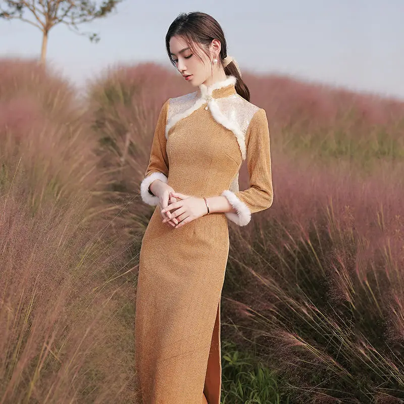 Women Khaki Corduroy Chinese Dress Warm Wool Mandarin Collar Cheongsam Classical Embroidery Floral Qipao Long Sleeve Vestidos
Women Khaki Corduroy Chinese Dress Warm Wool Mandarin Collar Cheongsam Classical Embroidery Floral Qipao Long Sleeve Vestidos