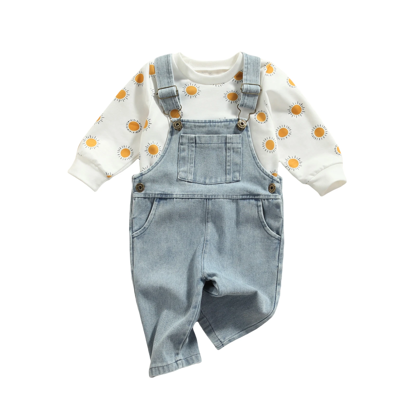 Children's Clothing 2021 Fashion Sun Print Long Sleeve Sweatshirt Adjustable Length Pocket Decoration Suspender Jeans 2Pcs Sets
Children's Clothing 2021 Fashion Sun Print Long Sleeve Sweatshirt Adjustable Length Pocket Decoration Suspender Jeans 2Pcs Sets