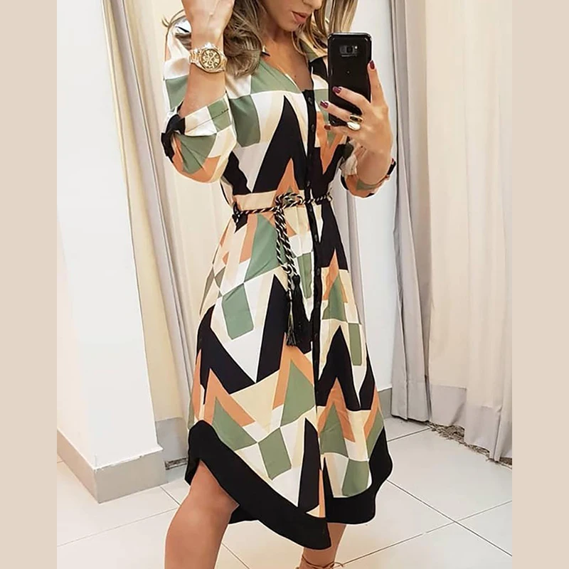 Women's Geometric-Print Shirt Dress Long Sleeved Irregular Hem Ladies Lapel Neck Midi Dress Waist Tie Lace Up Dresses FS99
Women's Geometric-Print Shirt Dress Long Sleeved Irregular Hem Ladies Lapel Neck Midi Dress Waist Tie Lace Up Dresses FS99