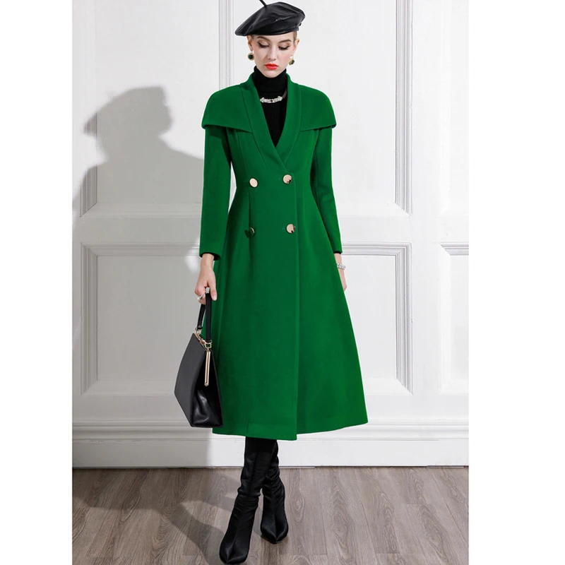 Женское шерстяное пальто зеленое длинное с поясом на осень и зиму | Женская