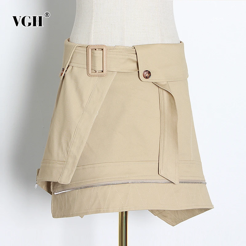 

VGH Khaki Casual Skirts Female High Waist With Sashes Ruched Irregular Asymmetrical Style Mini Skirt Women Fashion 2020 Clothing