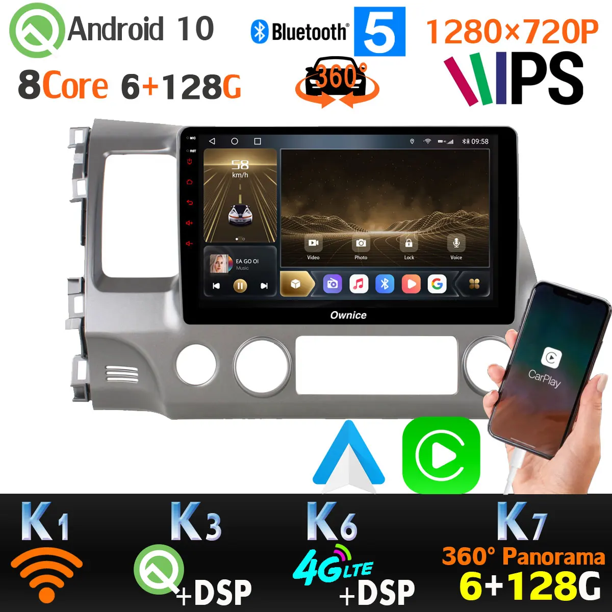Фото 6G + 128G 360 панорамная камера Android 10 SPDIF DSP CarPlay Автомобильный GPS радиоплеер для Honda Civic