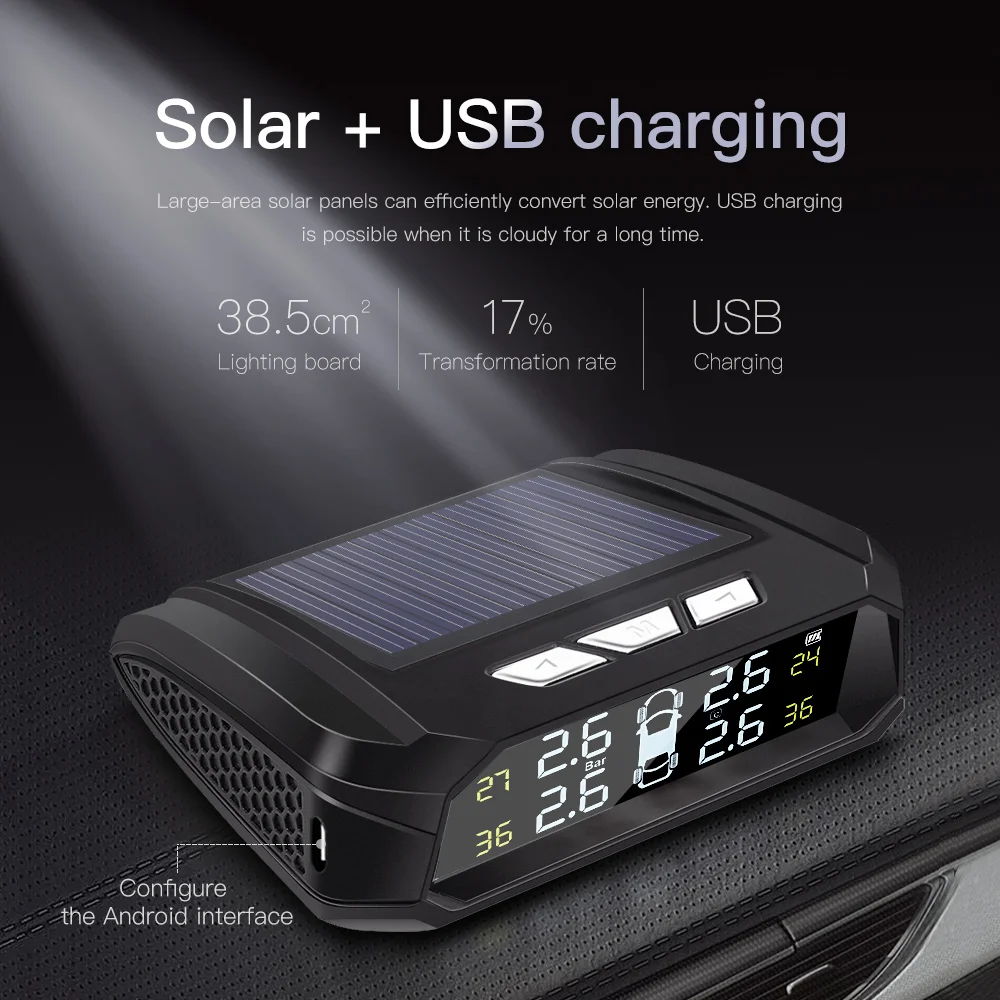 Automobile TPMS solar tire temperature and pressure monitoring system LCD color screen + 4pcs sensor customized packaging box
Automobile TPMS solar tire temperature and pressure monitoring system LCD color screen + 4pcs sensor customized packaging box