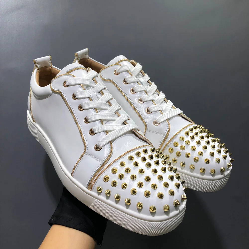 Low Top Red Bottom Men Shoes Toe Cap Golden Rivet White Genuine Leather Luxury Ladie Loafers Casual Flat Shoe Man Big Size 47 48
Low Top Red Bottom Men Shoes Toe Cap Golden Rivet White Genuine Leather Luxury Ladie Loafers Casual Flat Shoe Man Big Size 47 48