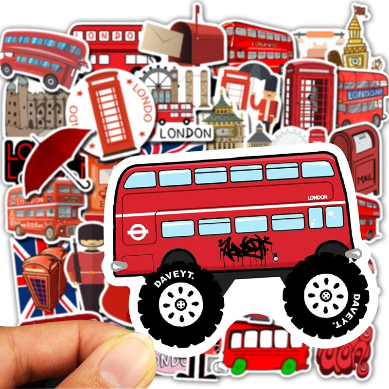 50Pcs England Landmark British London Bus Stickers Telephone Decorative Laptop Scrapbook Luggage Refrigerator Graffiti Sticker | Игрушки и