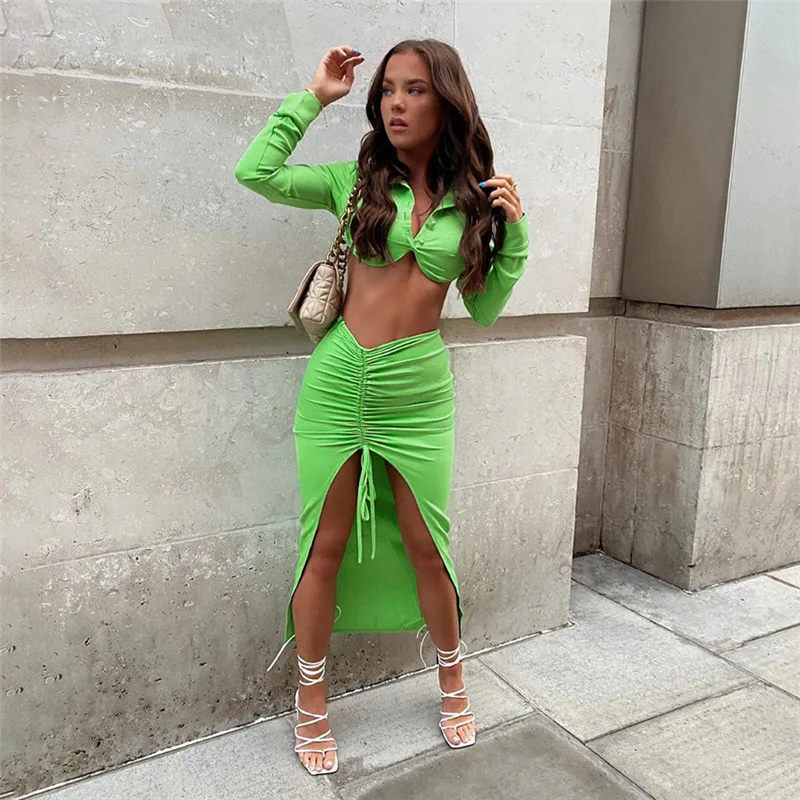 

Adogirl Sexy Green Two Piece Set Women Outfits Clubwear Long Sleeve Crop Top And Drawstring Ruched Slit Skirt Matching Sets