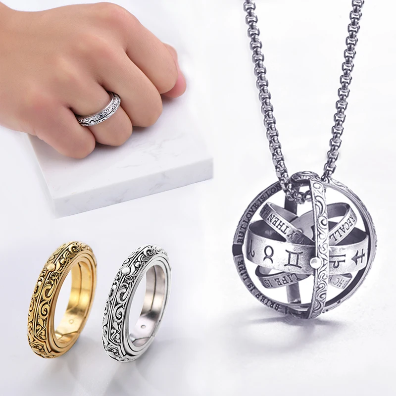 Whirling Astronomical Sphere Ball Ring Necklace For Men Women Gold Silver Color Cosmic Lover Finger Ring Pendant Couple Jewelry
Whirling Astronomical Sphere Ball Ring Necklace For Men Women Gold Silver Color Cosmic Lover Finger Ring Pendant Couple Jewelry