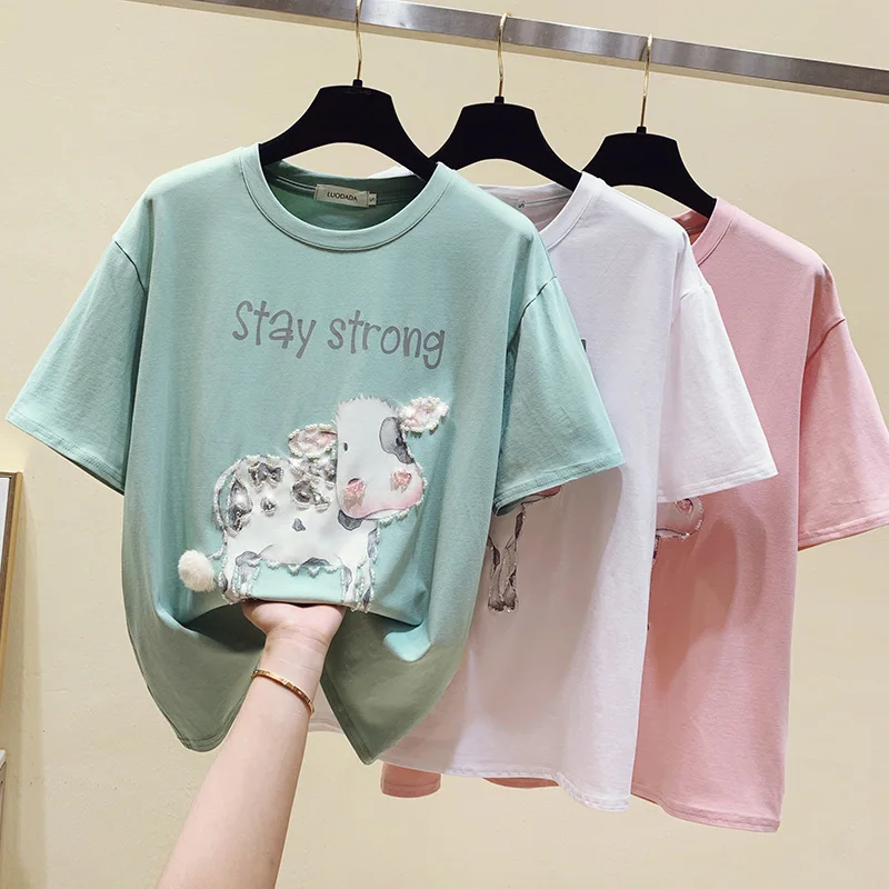 Korean Women Short Sleeve T-Shirt Tops Summer High Quality Cartoon Pattern Cotton T-Shirt White Loose Beading New 2021 Clothes
Korean Women Short Sleeve T-Shirt Tops Summer High Quality Cartoon Pattern Cotton T-Shirt White Loose Beading New 2021 Clothes