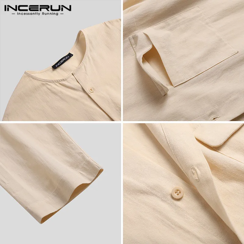 INCERUN Vintage Solid Color Men Shirts Half Sleeve Round Neck Cotton Blouse Hombre Buttons Shirts Retro Pockets Camisa Plus Size 
INCERUN Vintage Solid Color Men Shirts Half Sleeve Round Neck Cotton Blouse Hombre Buttons Shirts Retro Pockets Camisa Plus Size