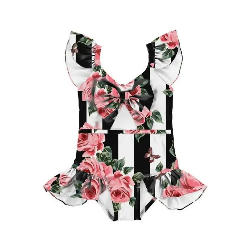 

0-4Y Summer Kids Girls One Piece Swimwear Floral Leopard Snakeskin Print Bowknot Beachwear Holiday Backless Ruffles Bow Swimsuit