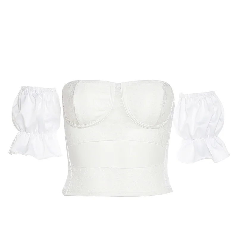 Women Wrapped Breast Vest Lace Side Hollow Out Word Collar Off Shoulder Short Sleeve Tank Top White Casual Female Streetwear Tee 
Women Wrapped Breast Vest Lace Side Hollow Out Word Collar Off Shoulder Short Sleeve Tank Top White Casual Female Streetwear Tee