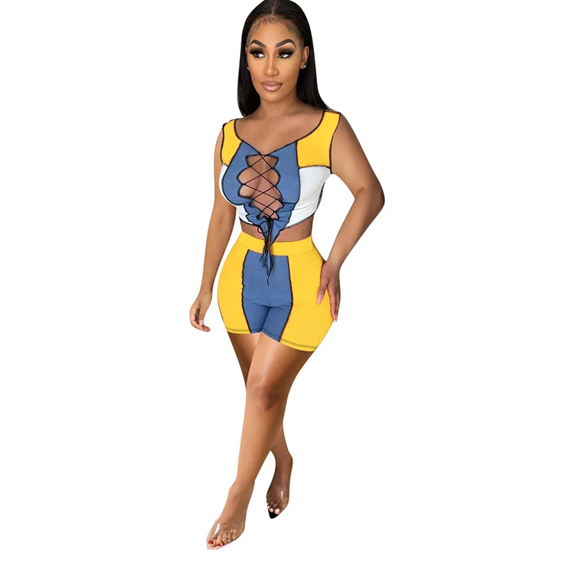 Sexy Two Piece Set Party Club Ribbed Patchwork Lace Up Matching Sets Deep V Sleeveless Crop Tank Top And Slim Fit Shorts Outfits
Sexy Two Piece Set Party Club Ribbed Patchwork Lace Up Matching Sets Deep V Sleeveless Crop Tank Top And Slim Fit Shorts Outfits
