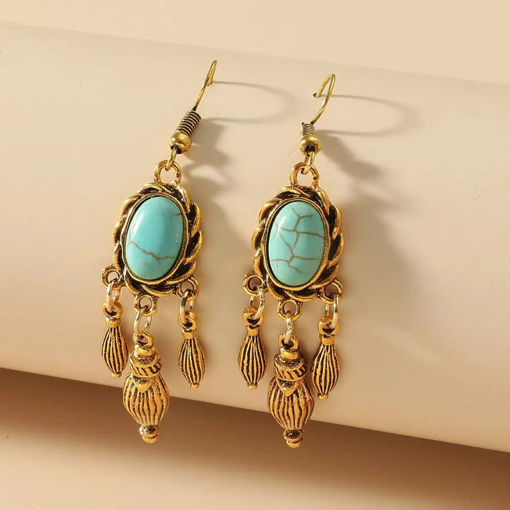 Bohemia Long Drop Gold Alloy Earrings for Women Boho Jewelry Ethnic Pendant Blue Turquoises Stone Gold Earrings
Bohemia Long Drop Gold Alloy Earrings for Women Boho Jewelry Ethnic Pendant Blue Turquoises Stone Gold Earrings