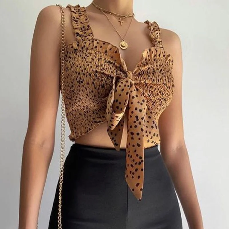 

Summer Sexy Women Polka Dot Ruffles Strap Vest Casual Open Front Tie Up Tank Tops Lace Frill Tube Cropped Tops Chic Bowknot Tank
