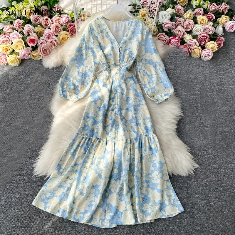 

Женское шифоновое платье Sanishroly, винтажное платье с цветочным принтом, V-образным вырезом и длинным широким подолом, праздничное пляжное платье, 2021
