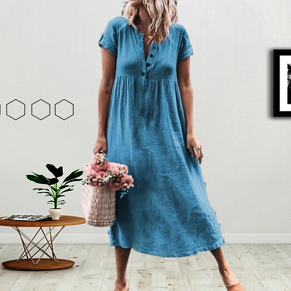 Plus Size Long Dresses Casual Cotton Linen Sleeveless V-neck Solid Sundress Women 2019 Summer Pleated Beach Dress 
Plus Size Long Dresses Casual Cotton Linen Sleeveless V-neck Solid Sundress Women 2019 Summer Pleated Beach Dress