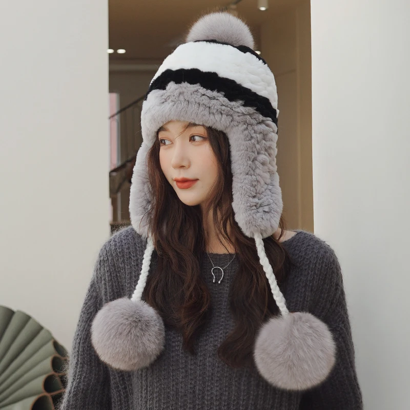 

Women's Winter Hat 2022 Russian Hat With Earflaps Ushanka Warm Rex Rabbit Fur Earflap Bomber Hats Real Fur Snow Cap Fox Fur Pom