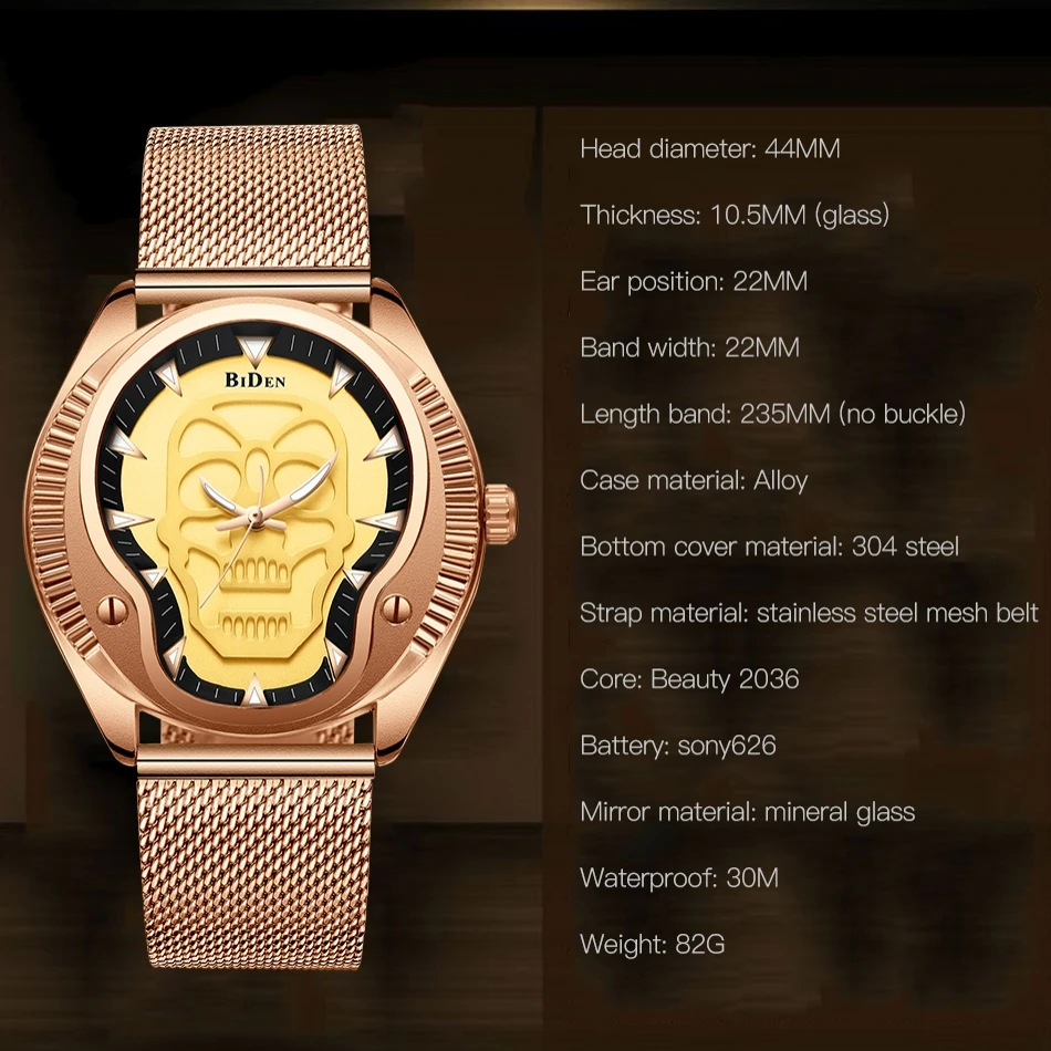 DIBEN 2019 Luxury Men Watches Classic Wrist Watch Skull Dial Male Clock Rose Golden Mesh Belt Waterproof Top Brand Zegarek Meski | Наручные