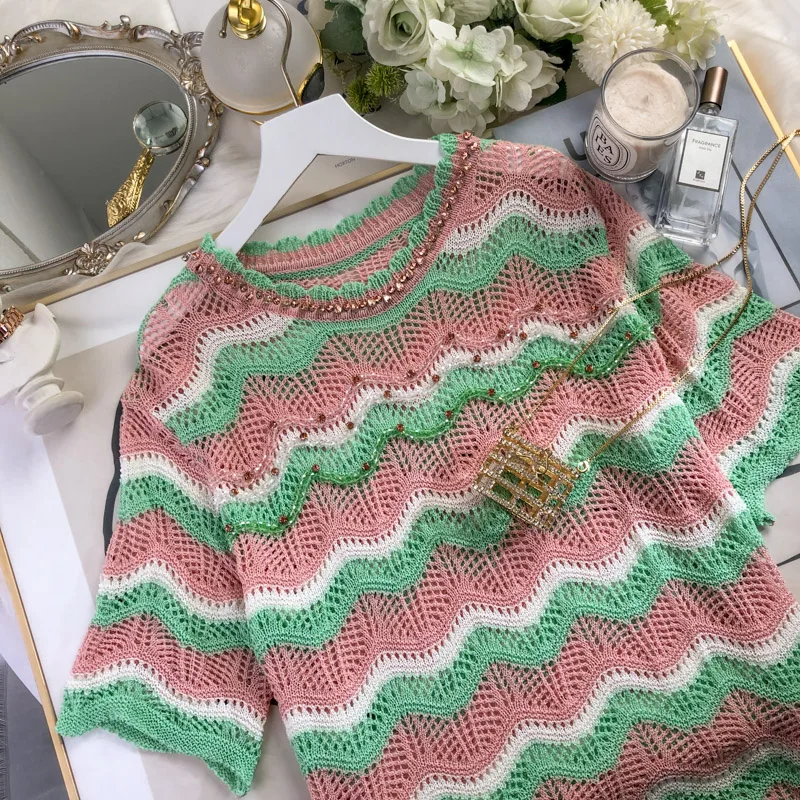 2021 Summer Female High Street Western Beaded Striped Hollow Sweater Women Fashion Simple Loose Sweet Pullover Knitted Tops
2021 Summer Female High Street Western Beaded Striped Hollow Sweater Women Fashion Simple Loose Sweet Pullover Knitted Tops