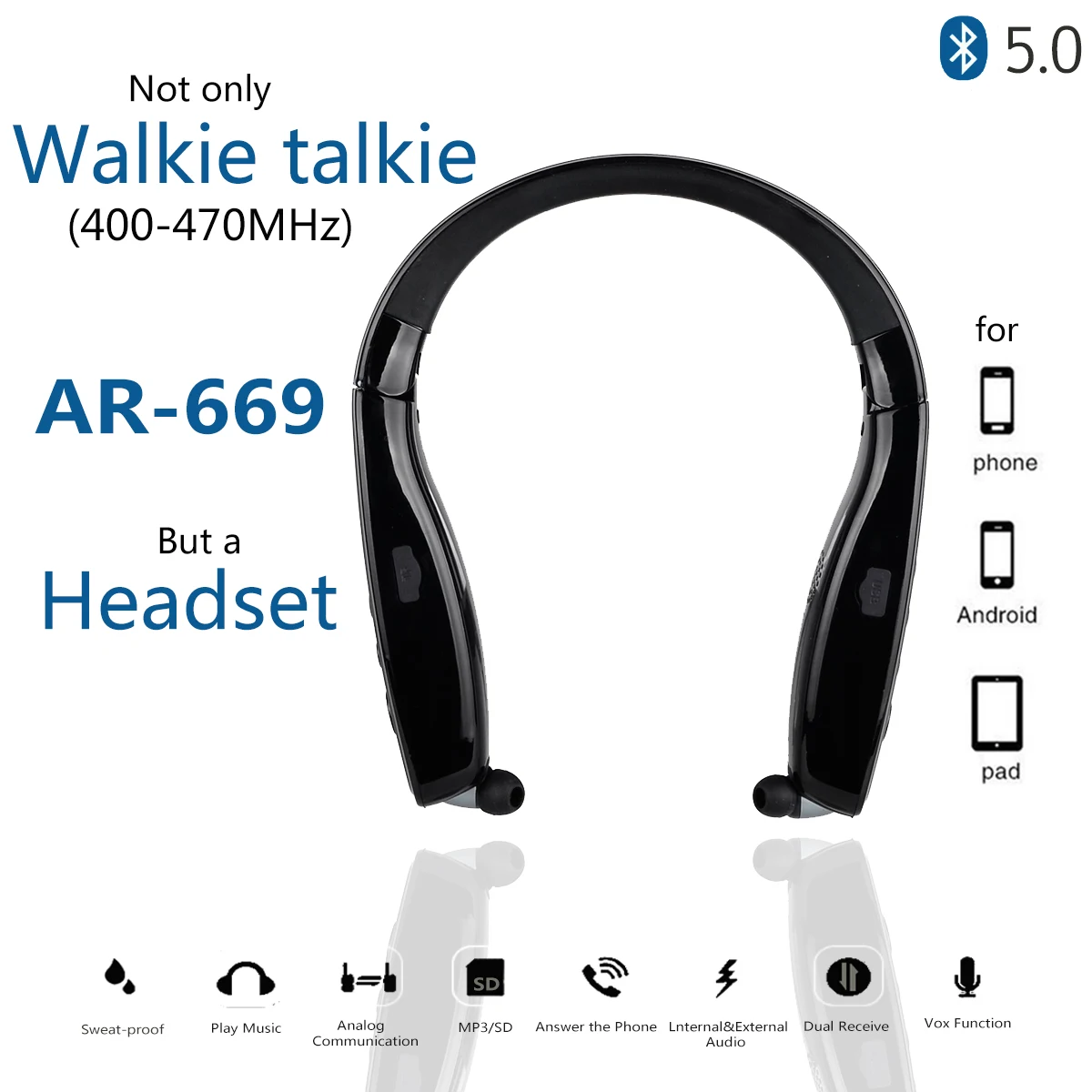 Abbree AR 669 mini Walkie Talkie UHF 400 470MHz 99CH SD mp3 play Шейная Bluetooth гарнитура наушники для