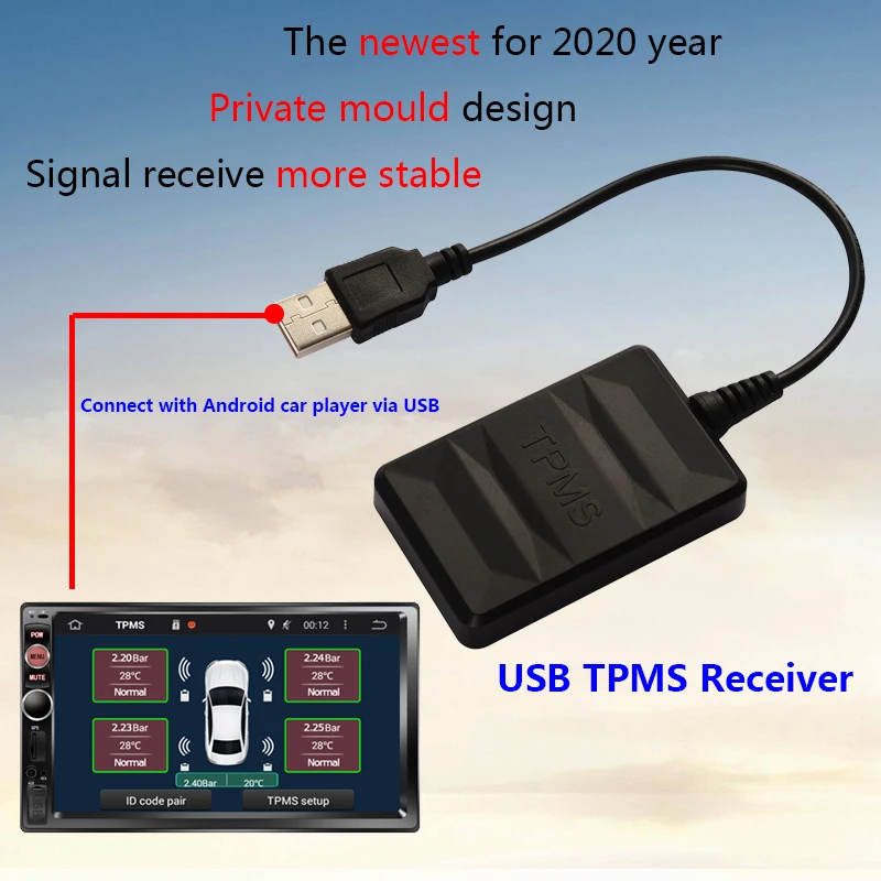 USB Android TPMS tire pressure monitor/Android navigation tire pressure monitoring alarm system/wireless transmission TPMS
USB Android TPMS tire pressure monitor/Android navigation tire pressure monitoring alarm system/wireless transmission TPMS