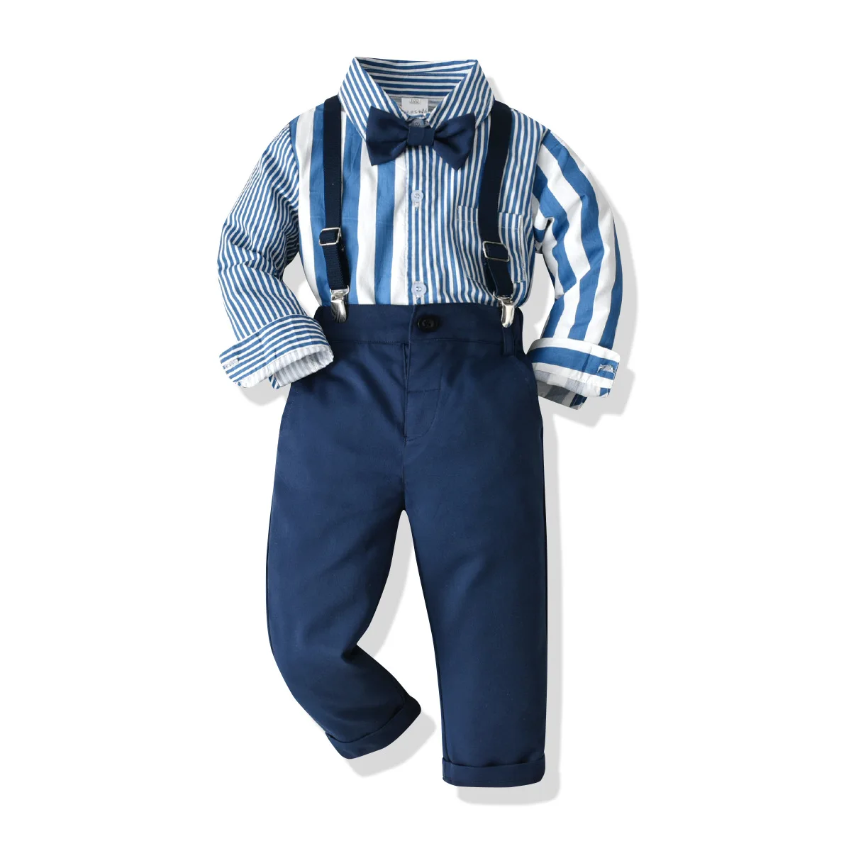 Formal Toddler Boy Clothes Gentlemen Striped Suit Bow Tie Long Sleeves Romper + Vest + Pants with Shoulder Strap 4 PCS Set
Formal Toddler Boy Clothes Gentlemen Striped Suit Bow Tie Long Sleeves Romper + Vest + Pants with Shoulder Strap 4 PCS Set