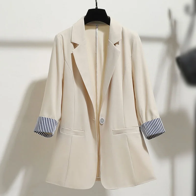 Commuting Lady Three-quarter Sleeves Tailored Suit Coat Autumn Fashion Simple One Button Thin Suit Female Striped Cuffs Coat Top
Commuting Lady Three-quarter Sleeves Tailored Suit Coat Autumn Fashion Simple One Button Thin Suit Female Striped Cuffs Coat Top
