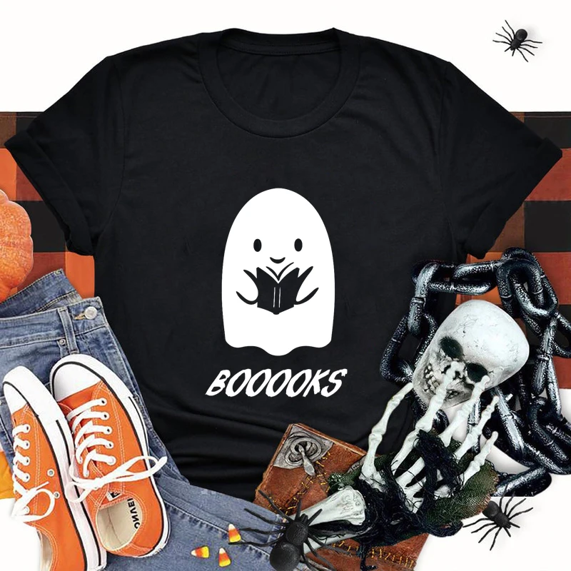 Футболка Ghost Booooks из 100% хлопка, женская футболка для чтения с призраком, забавная футболка с графическим принтом на Хэллоуин, Топ 
Футболка Ghost Booooks из 100% хлопка, женская футболка для чтения с призраком, забавная футболка с графическим принтом на Хэллоуин, Топ