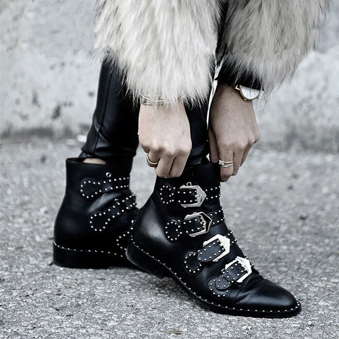 Leather Booties Buckle Straps Thick Heel Black Ankle Women Boots Studded Decorated Woman Boots Motorcycle
Leather Booties Buckle Straps Thick Heel Black Ankle Women Boots Studded Decorated Woman Boots Motorcycle