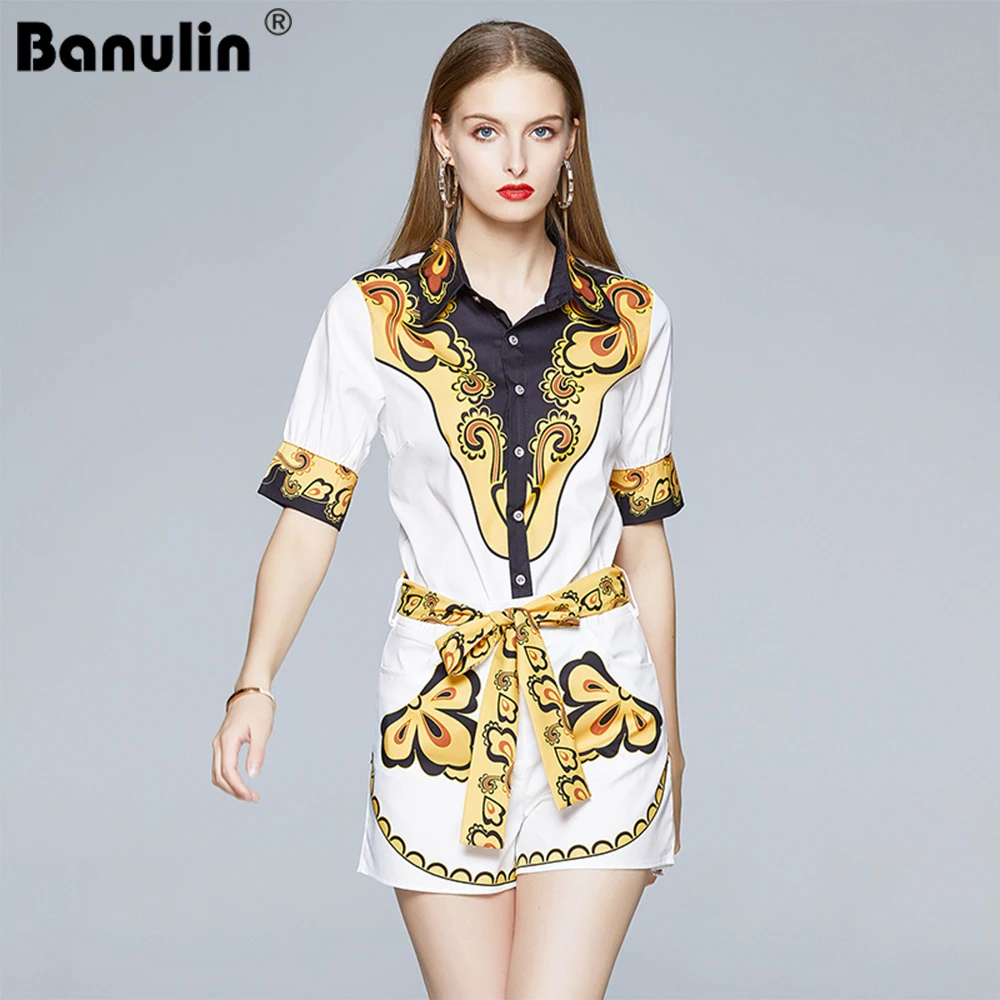 Summer Runway Designer Flower Printed Two-piece Set Women Stand Short Sleeve Shirt Top and Belt Pocket Shorts Suits Set
Summer Runway Designer Flower Printed Two-piece Set Women Stand Short Sleeve Shirt Top and Belt Pocket Shorts Suits Set
