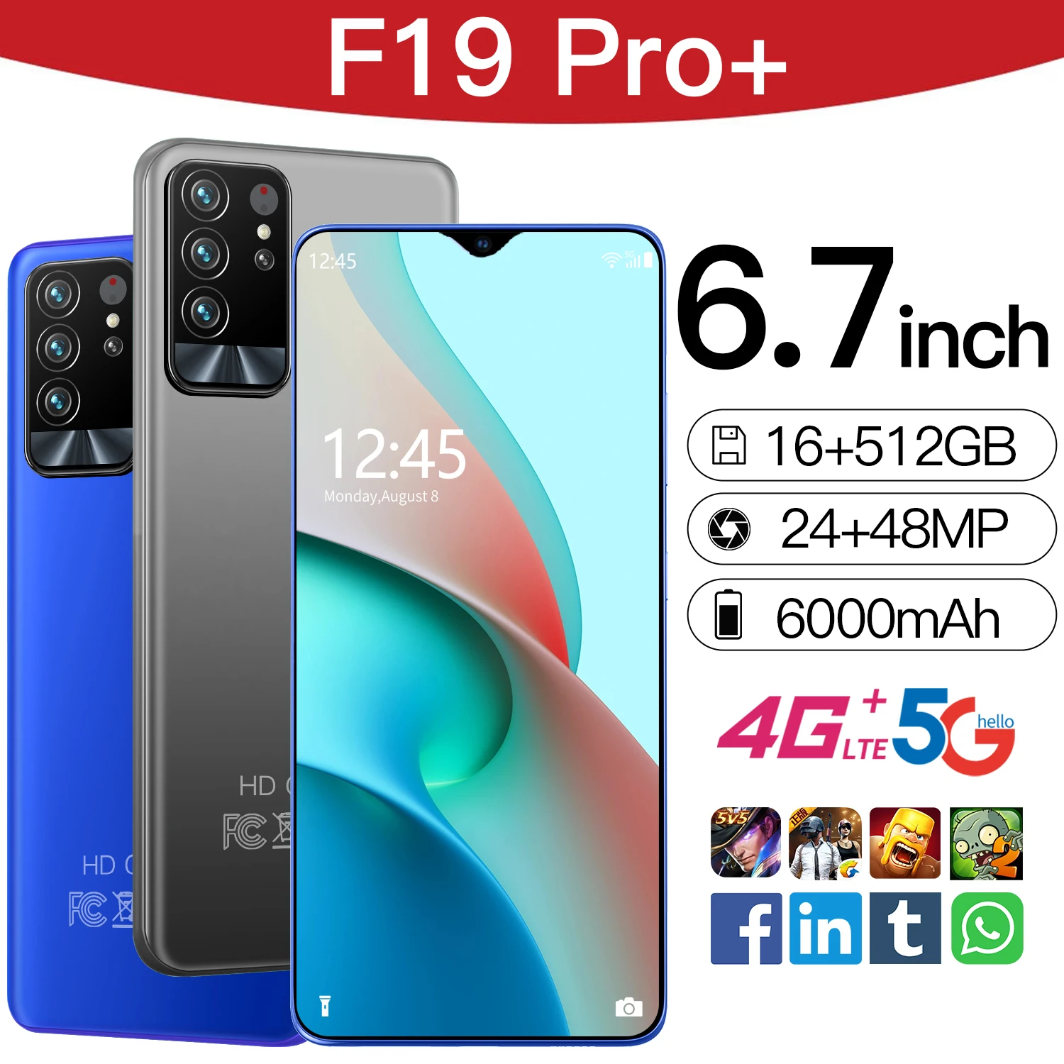 Global Version F19 Pro+ Samsug Android 10.0 16GB 512GB 6.7Inch 5G MTK6989 6000mAh Smartphone Dual SIM Card Mobile Phone GPS WiFi
Global Version F19 Pro+ Samsug Android 10.0 16GB 512GB 6.7Inch 5G MTK6989 6000mAh Smartphone Dual SIM Card Mobile Phone GPS WiFi