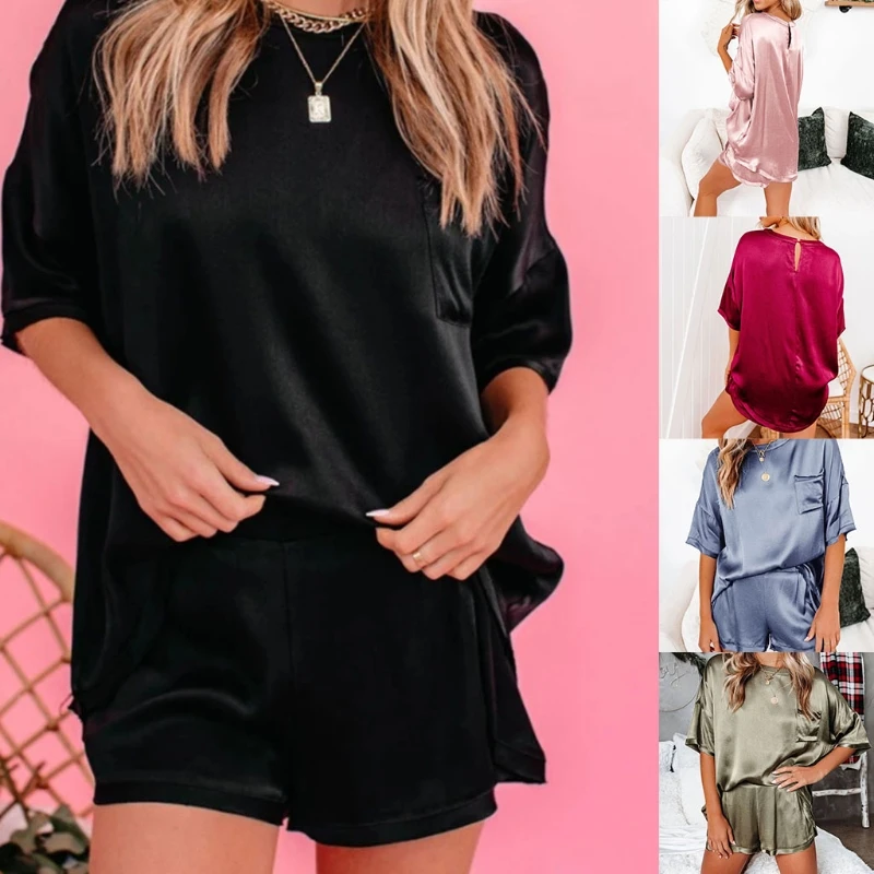 Women Silky Satin 2 Piece Pajamas Short Sleeve O-Neck T-Shirt with Shorts Set Solid Color Loose Sleepwear Loungewear
Women Silky Satin 2 Piece Pajamas Short Sleeve O-Neck T-Shirt with Shorts Set Solid Color Loose Sleepwear Loungewear