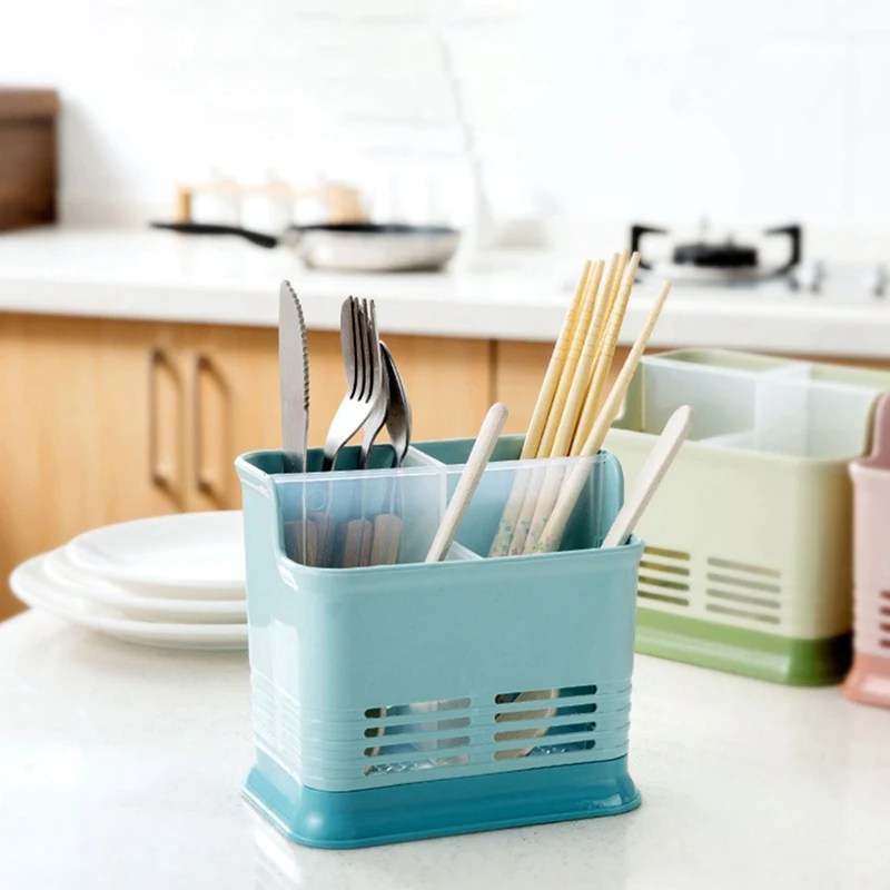 Kitchen Cutlery Storage Box Hollow Drainage Chopsticks Desktop Pen Holder Four Grid Candy Color | Дом и сад