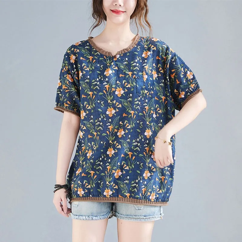 Women Cotton Linen Casual T-shirts New 2021 Summer Simple Style Vintage Floral Print All-match Loose Female Tops Tees S3579
Women Cotton Linen Casual T-shirts New 2021 Summer Simple Style Vintage Floral Print All-match Loose Female Tops Tees S3579