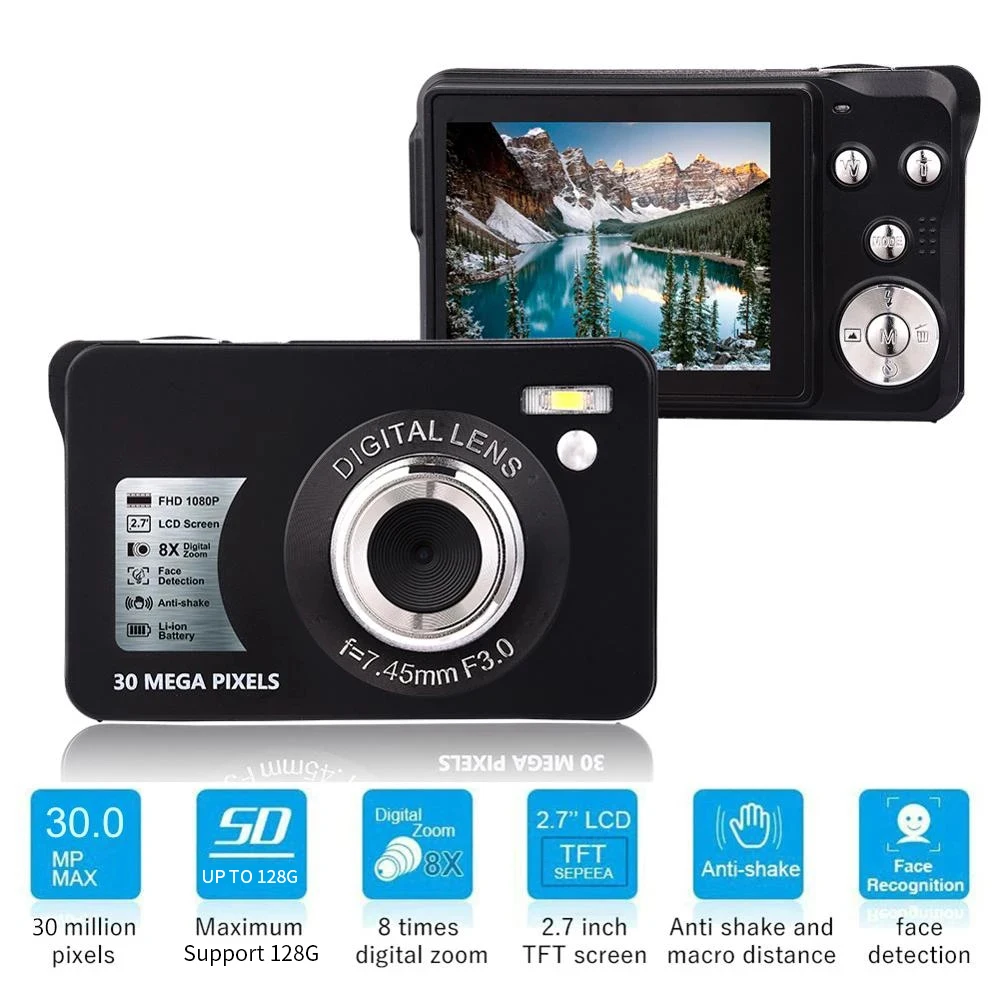 

Цифровая мини-камера 30 Мп с ЖК-экраном 2,7 дюйма TFT, фотокамера с функцией стабилизации и самостоятельной съемки, HD 1080P, 8-кратный зум, видеокаме...