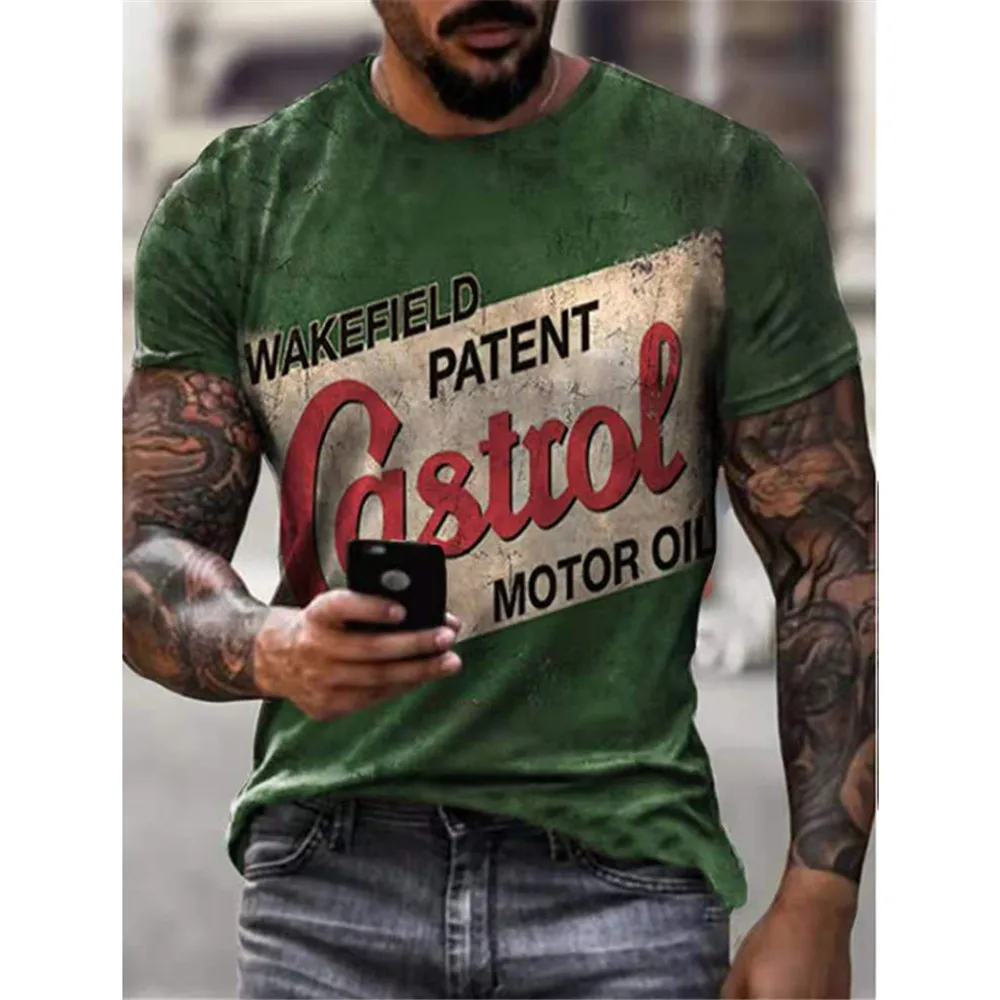 

Summer hot sale Castrol retro short-sleeved men's T-shirt 3D printing ethnic alphabet Harajuku fashion T-shirt men's collar top