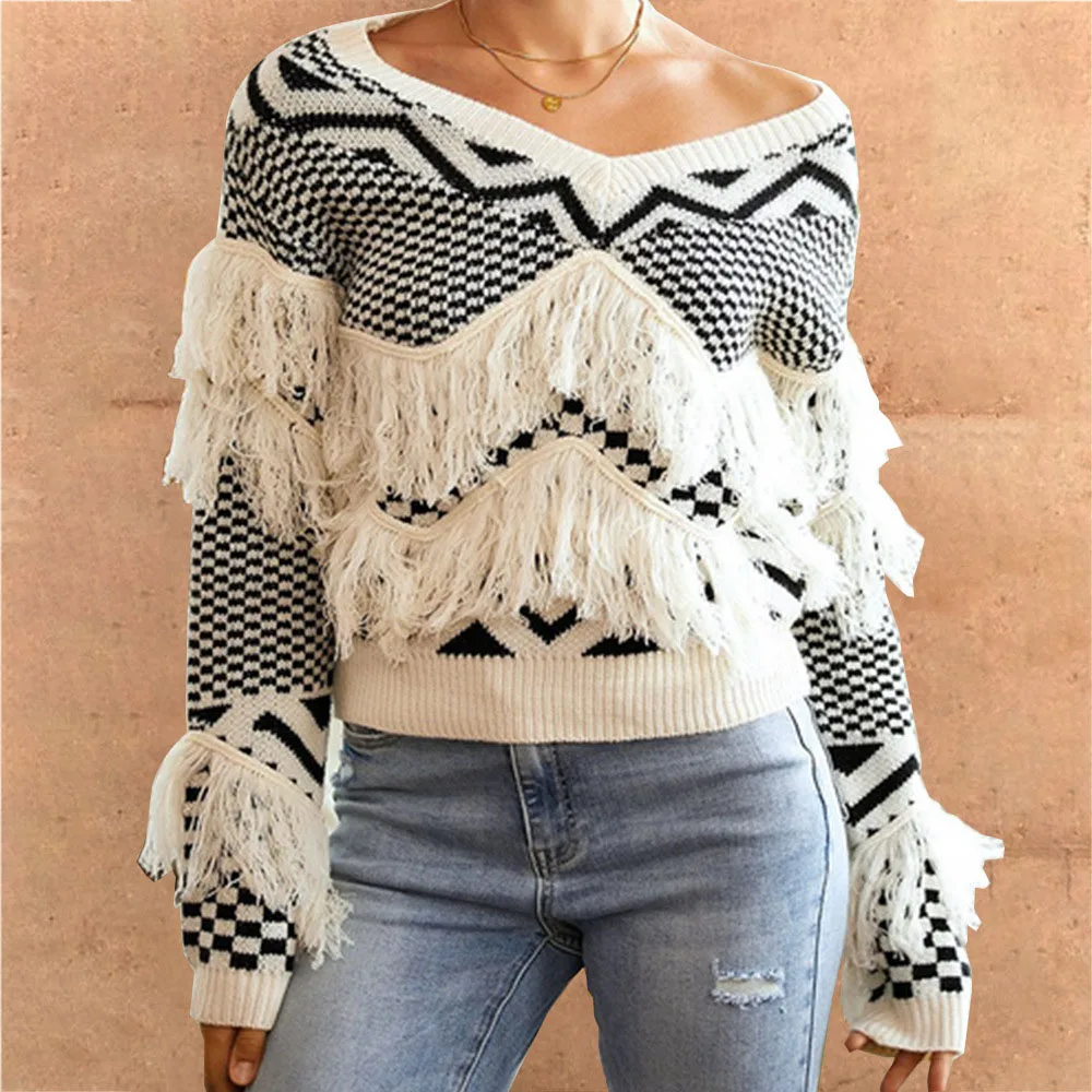 2021 New Women Sweater Tassel Black White Pullover Long Sleeve V-neck Autumn Winter Fashion Casual Simplicity Design
2021 New Women Sweater Tassel Black White Pullover Long Sleeve V-neck Autumn Winter Fashion Casual Simplicity Design